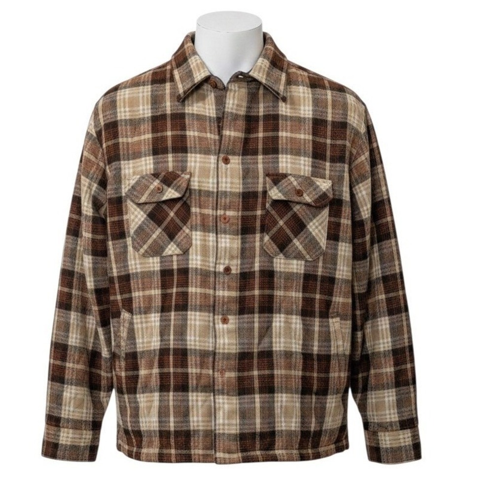 VTG 80/90s Oakton Ltd Plaid Flannel Quilt Lined Jacket Button Up Brown Tan -‎ XL